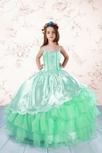 Excellent Apple Green Organza Lace Up Spaghetti Straps Sleeveless Floor Length Little Girl Pageant Dress Embroidery and Ruffled Layers