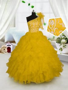 Dazzling Floor Length Gold Pageant Dress One Shoulder Sleeveless Side Zipper