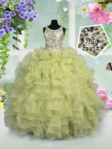Blue Ball Gowns Organza Halter Top Sleeveless Beading and Ruffles Floor Length Lace Up Kids Formal Wear
