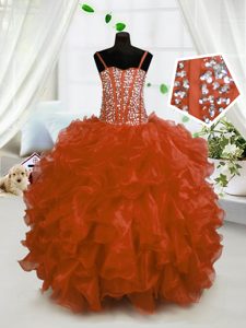 Rust Red Sleeveless Organza Lace Up High School Pageant Dress for Party and Wedding Party