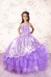 Wonderful Floor Length Lavender Custom Made Pageant Dress Organza Sleeveless Embroidery and Ruffled Layers