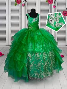 Organza Straps Sleeveless Lace Up Beading and Ruffled Layers and Hand Made Flower Pageant Gowns For Girls in Apple Green