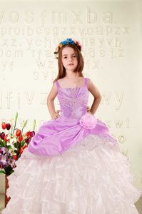 Beautiful Organza Sleeveless Floor Length Pageant Dress for Womens and Beading and Ruffled Layers and Hand Made Flower