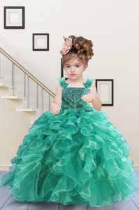 Turquoise Little Girl Pageant Dress Military Ball and Sweet 16 and Quinceanera and For with Beading and Ruffles Straps Sleeveless Lace Up