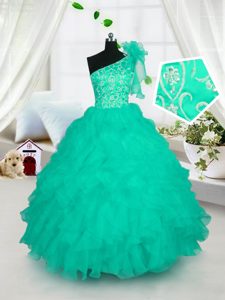 Floor Length Turquoise High School Pageant Dress One Shoulder Sleeveless Lace Up
