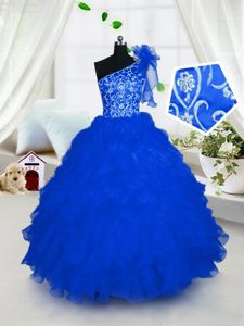 Hot Sale One Shoulder Sleeveless Organza Floor Length Lace Up Kids Pageant Dress in Royal Blue for with Embroidery and Ruffles
