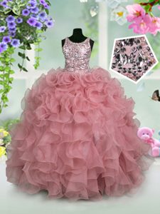 Fantastic Scoop Pink Zipper Pageant Dress for Girls Ruffles and Sequins Sleeveless Floor Length