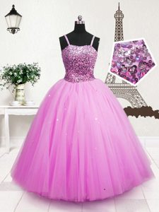 Glorious Hot Pink Ball Gowns Tulle Spaghetti Straps Sleeveless Beading and Sequins Floor Length Zipper Little Girls Pageant Gowns