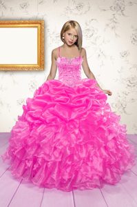 Perfect Organza Spaghetti Straps Sleeveless Lace Up Beading and Ruffles and Pick Ups Pageant Dress for Teens in Hot Pink