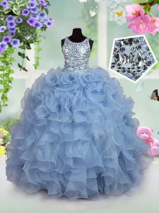 Sleeveless Tulle Floor Length Lace Up Little Girls Pageant Dress Wholesale in Grey for with Beading