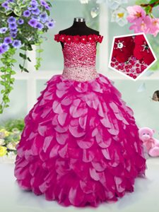 Luxurious Off the Shoulder Floor Length Ball Gowns Sleeveless Fuchsia Winning Pageant Gowns Lace Up