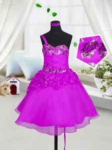 On Sale Fuchsia A-line Organza Sweetheart Sleeveless Beading and Hand Made Flower Knee Length Lace Up Little Girl Pageant Gowns
