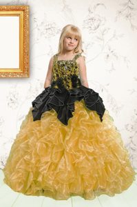 Custom Made Gold Sleeveless Beading and Pick Ups Floor Length Pageant Dress for Teens