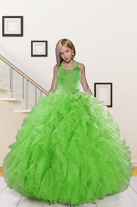 High Class Halter Top Sleeveless Little Girls Pageant Dress Wholesale Floor Length Beading and Ruffles Green Organza