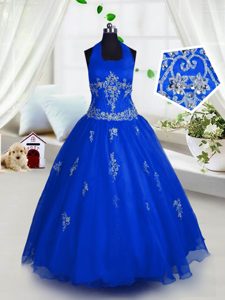Glorious Blue A-line Tulle Halter Top Sleeveless Appliques Floor Length Lace Up Little Girl Pageant Dress