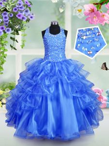 Halter Top Royal Blue Lace Up Pageant Dress Toddler Beading and Ruffled Layers Sleeveless Floor Length