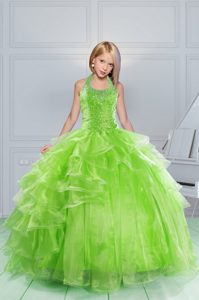 Halter Top Organza Sleeveless Floor Length Pageant Dress for Teens and Beading and Ruching