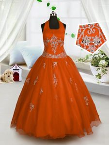 Enchanting Halter Top Sleeveless Lace Up Floor Length Appliques Pageant Dresses
