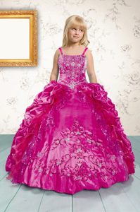 Latest Floor Length Lace Up Child Pageant Dress Hot Pink and In for Military Ball and Sweet 16 and Quinceanera with Beading and Appliques and Pick Ups
