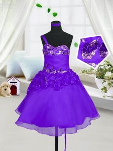 Dramatic Knee Length Lace Up Little Girls Pageant Dress Eggplant Purple and In for Party and Wedding Party with Beading and Hand Made Flower