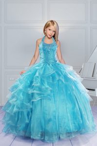 Halter Top Sleeveless Pageant Gowns For Girls Floor Length Beading and Ruffles Aqua Blue Organza