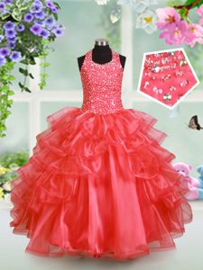 Halter Top Floor Length Lace Up Little Girl Pageant Dress Watermelon Red and In for Party and Wedding Party with Beading and Ruffled Layers
