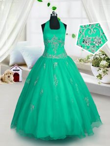 Cheap Halter Top Green Tulle Lace Up Pageant Dress Sleeveless Floor Length Appliques