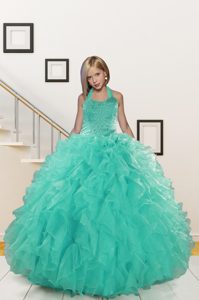 Halter Top Sleeveless Lace Up Floor Length Beading and Ruffles Pageant Gowns For Girls