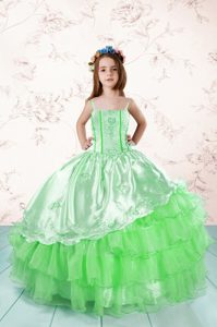 Popular Spaghetti Straps Sleeveless Little Girls Pageant Dress Floor Length Embroidery and Ruffled Layers Organza