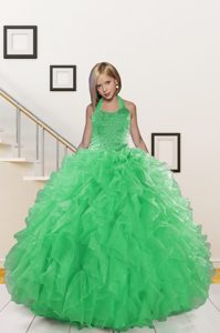 Halter Top Sleeveless Pageant Dress for Womens Floor Length Beading and Ruffles Green Organza