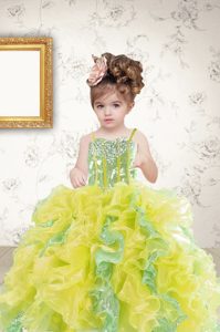 Multi-color Ball Gowns Spaghetti Straps Sleeveless Organza Floor Length Lace Up Beading and Ruffles and Sequins Little Girl Pageant Dress