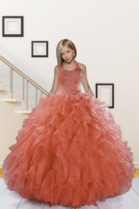 Perfect Halter Top Sleeveless Little Girl Pageant Gowns Floor Length Beading and Ruffles Watermelon Red Organza