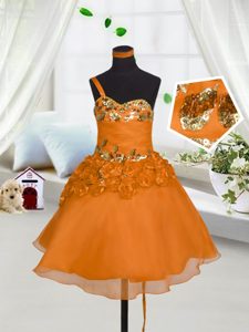 Orange Red Lace Up Sweetheart Beading and Hand Made Flower High School Pageant Dress Organza Sleeveless