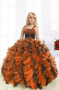 Orange Little Girls Pageant Gowns Party and Wedding Party and For with Beading and Ruffles Straps Sleeveless Lace Up