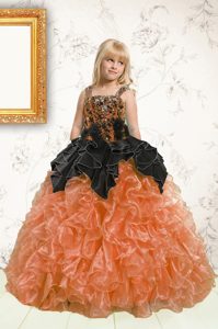 Sleeveless Organza Floor Length Lace Up Pageant Gowns For Girls in Orange for with Beading and Pick Ups