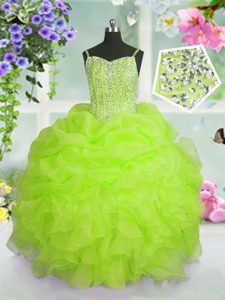 Trendy Organza Sleeveless Floor Length Kids Pageant Dress and Beading and Ruffles and Sequins
