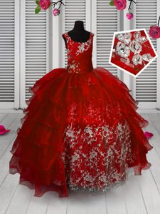 Fantastic Red Pageant Dress for Womens Party and Wedding Party and For with Appliques and Ruffled Layers Straps Sleeveless Lace Up
