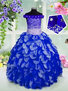 Royal Blue Kids Formal Wear Party and Wedding Party and For with Beading and Hand Made Flower Off The Shoulder Sleeveless Lace Up
