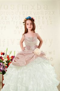 Fashionable Peach Little Girls Pageant Gowns Military Ball and Sweet 16 and Quinceanera and For with Beading and Ruffled Layers and Hand Made Flower Straps Sleeveless Lace Up