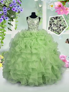 Best Scoop Apple Green Zipper Kids Pageant Dress Ruffles and Sequins Sleeveless Floor Length