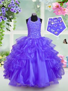 Halter Top Blue Sleeveless Beading and Ruffled Layers Lace Up Little Girl Pageant Dress