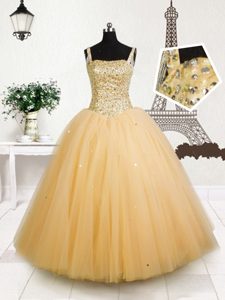 Pretty Sequins Ball Gowns Child Pageant Dress Orange Straps Tulle Sleeveless Floor Length Lace Up