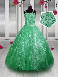 Customized Sequins Ball Gowns Pageant Dress for Girls Green Straps Sequined Sleeveless Floor Length Lace Up