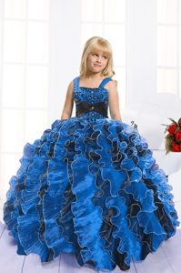 Royal Blue Organza Lace Up Little Girls Pageant Gowns Sleeveless Floor Length Beading and Ruffles