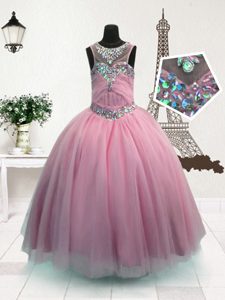 Customized Scoop Organza Sleeveless Floor Length Little Girl Pageant Dress and Beading