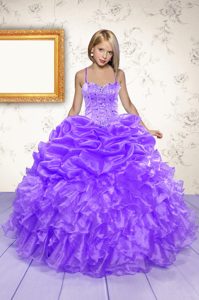 Popular Eggplant Purple Lace Up Spaghetti Straps Beading and Ruffles and Pick Ups High School Pageant Dress Organza Sleeveless