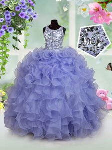 Scoop Light Blue Ball Gowns Ruffles and Sequins Pageant Dress for Teens Zipper Organza Sleeveless Floor Length