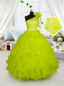 One Shoulder Yellow Green Lace Up Kids Formal Wear Embroidery and Ruffles Sleeveless Floor Length