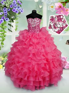 Sweet Hot Pink Ball Gowns Ruffled Layers and Sequins Pageant Dress Lace Up Organza Sleeveless Floor Length