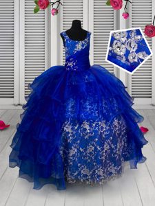 Straps Sleeveless Lace Up Pageant Dress for Teens Blue Organza